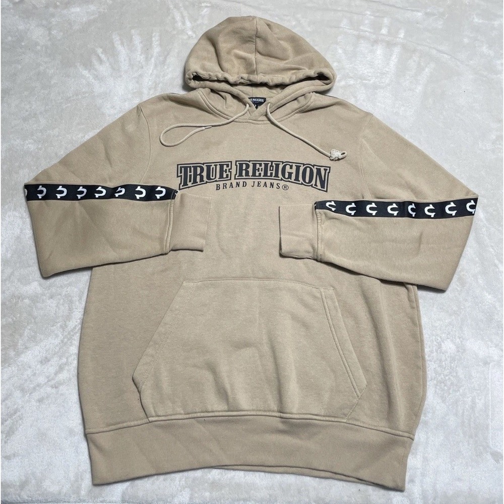 True Religion Hoodie Mens Large Beige Repeating Logo Long Sleeve Sweatshirt